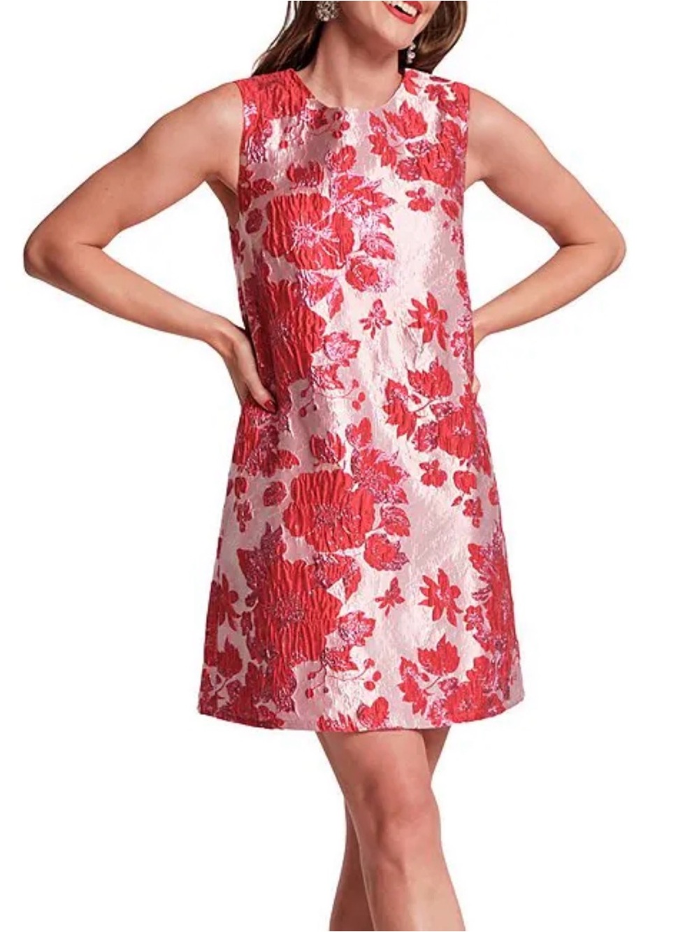 Frances Valentine Pink and Red Floral Jacquard Shift Dress